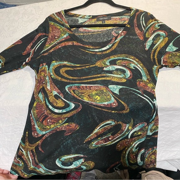 Super Cool Fabric Feel SemiSheer 3/4 Sleeve Blouse Scoop Crew Neck Marbled Shirt - Picture 9 of 12